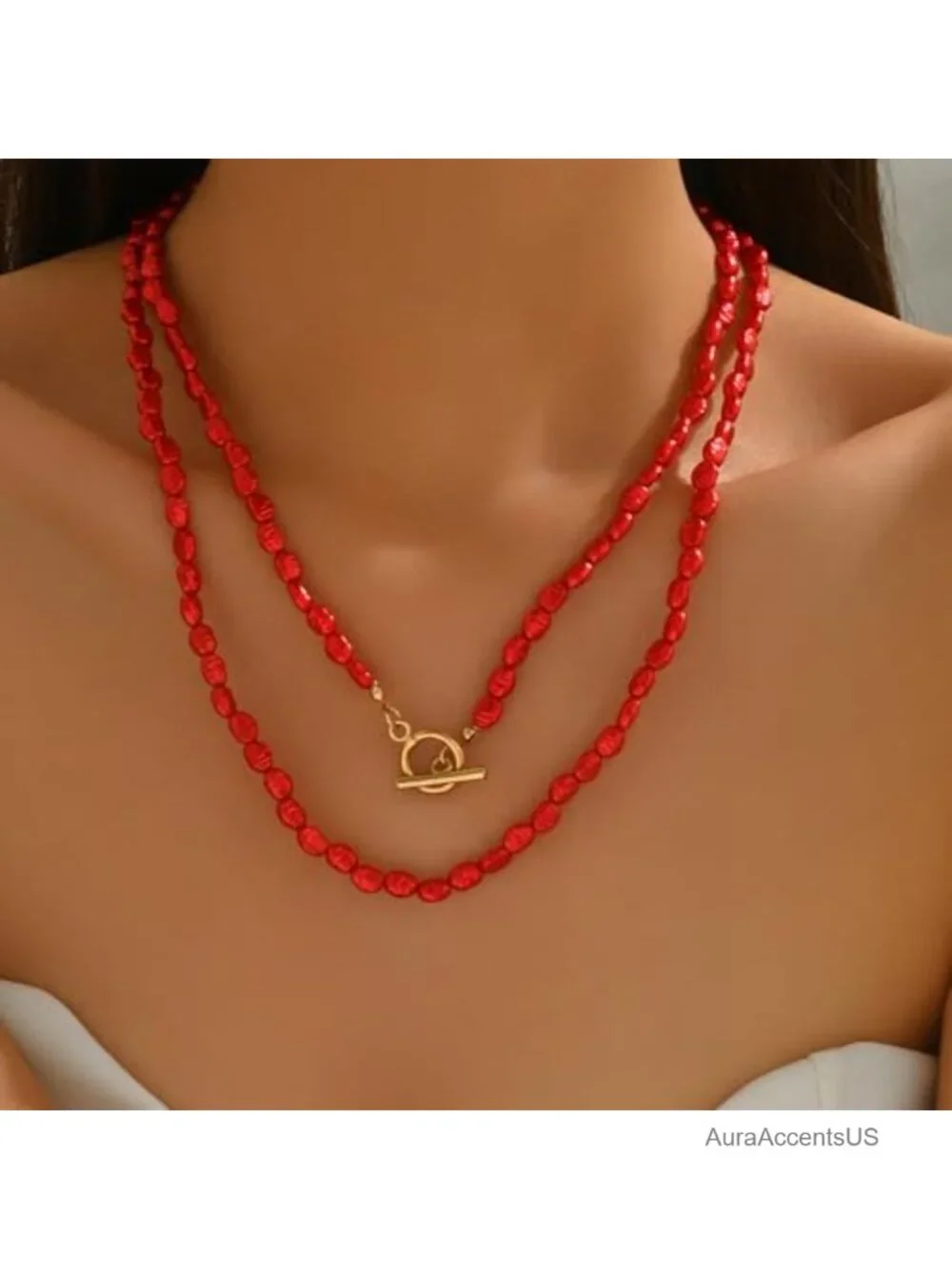 Red Beaded Double Layer Necklace Boho Toggle Clasp Layered Statement Jewelry